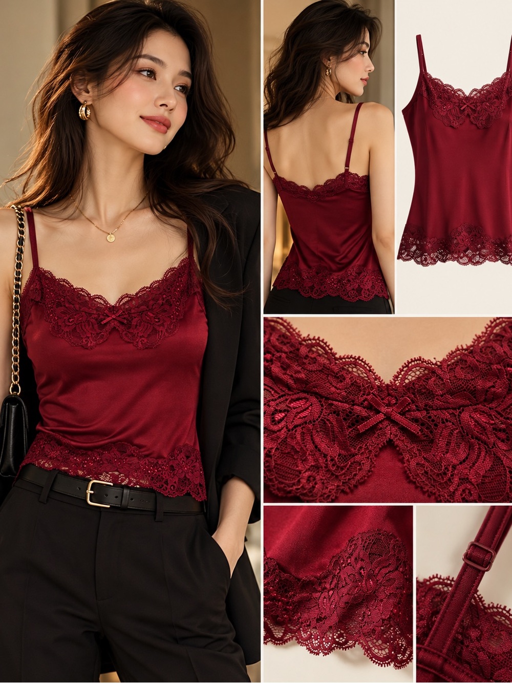The Limited Burgundy Lace Trim Satin Cami Top NWT XS